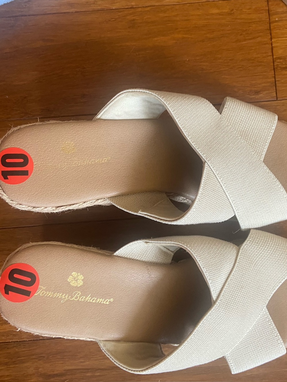 Tommy Bahama Beige Cross-Band Slide Sandals with a wedge heel